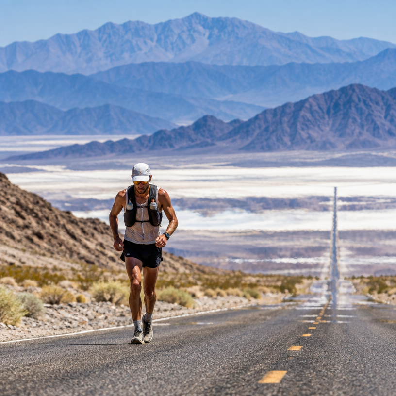 Ultra Running atmosphere in Badwater Basin (start) / Whitney Portal (finish), United States, representing Badwater 135 Ultramarathon 2027