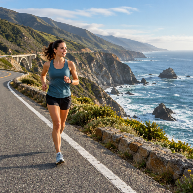 Road Running atmosphere in Carmel / Big Sur corridor, United States, representing Big Sur International Marathon 12K 2027