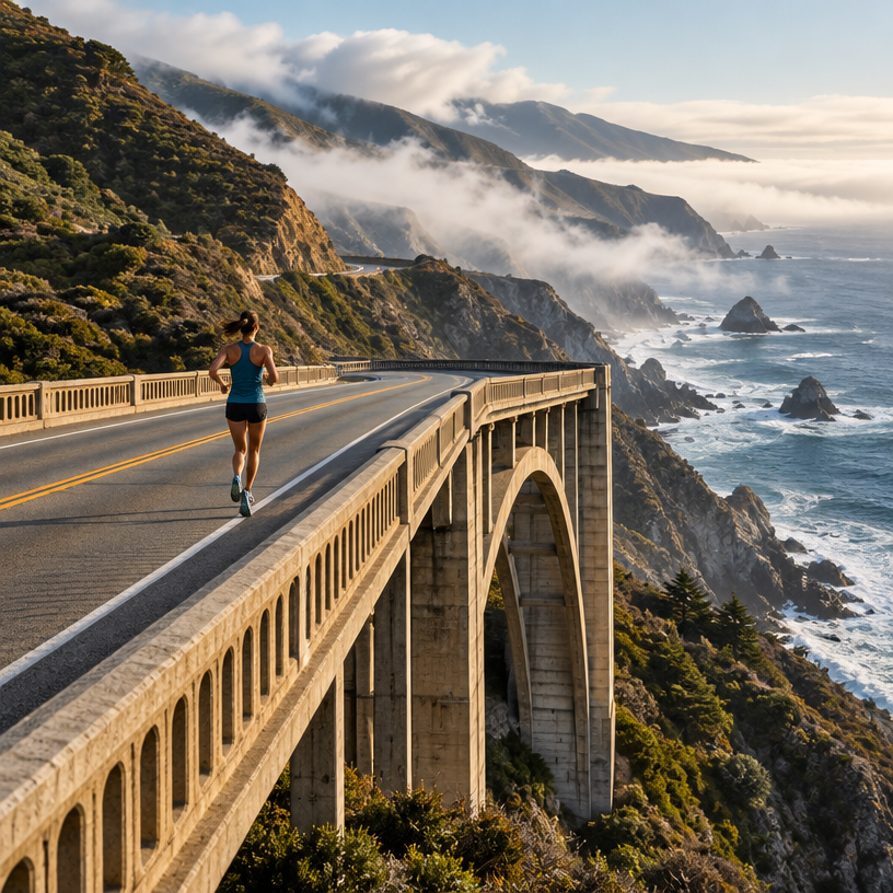 Road Running atmosphere in Big Sur (start) / Carmel (finish), United States, representing Big Sur International Marathon 2027