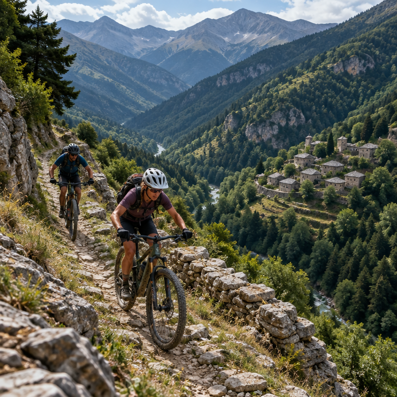 MTB XC atmosphere in Pindus mountains (host towns per route), Greece, representing Bike Odyssey 2027
