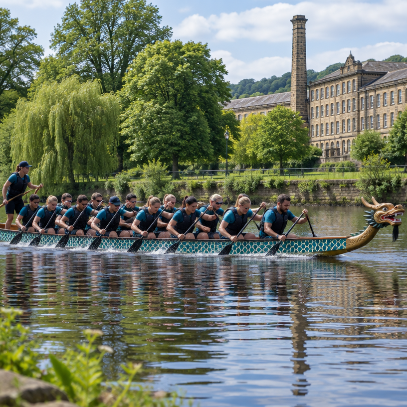 Dragon Boat atmosphere in Shipley (Roberts Park, Saltaire), United Kingdom, representing Bradford Dragon Boat Festival 2027 (Multi Charities Championship)