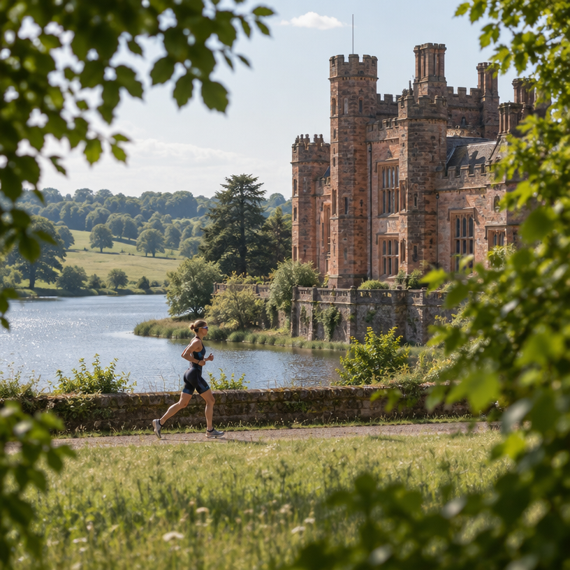 Triathlon atmosphere in Cholmondeley (near Malpas), United Kingdom, representing Cholmondeley Castle Olympic Triathlon 2027 (Castle Race Series)