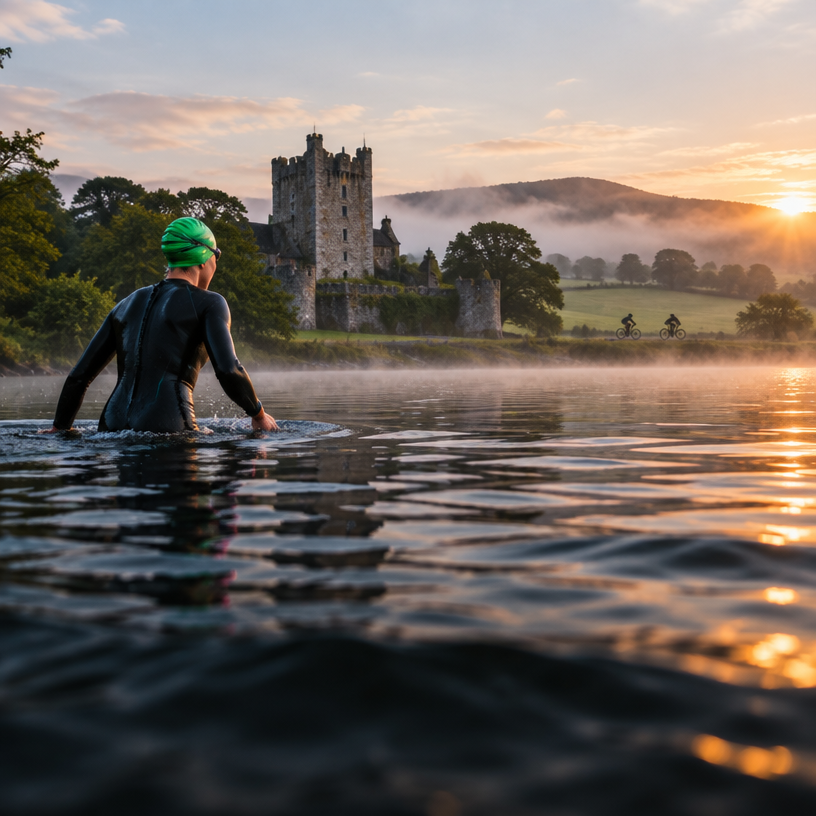 Triathlon atmosphere in Gort, Ireland, representing Lough Cutra Castle Tri Starter 2027 (Castle Race Series)