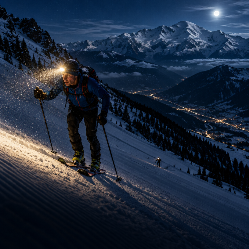 Ski Mountaineering / Skimo atmosphere in Saint-Gervais-les-Bains (Saint-Nicolas-de-Véroce), France, representing La Diagonale du Mont-Joly 2027 (night skimo race)