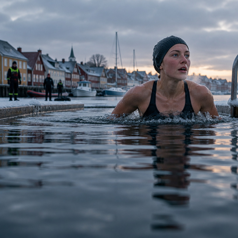 Ice Swimming atmosphere in Faaborg, Denmark, representing DM i is-svømning 2027 (Danish Ice Swimming Championships, Faaborg)