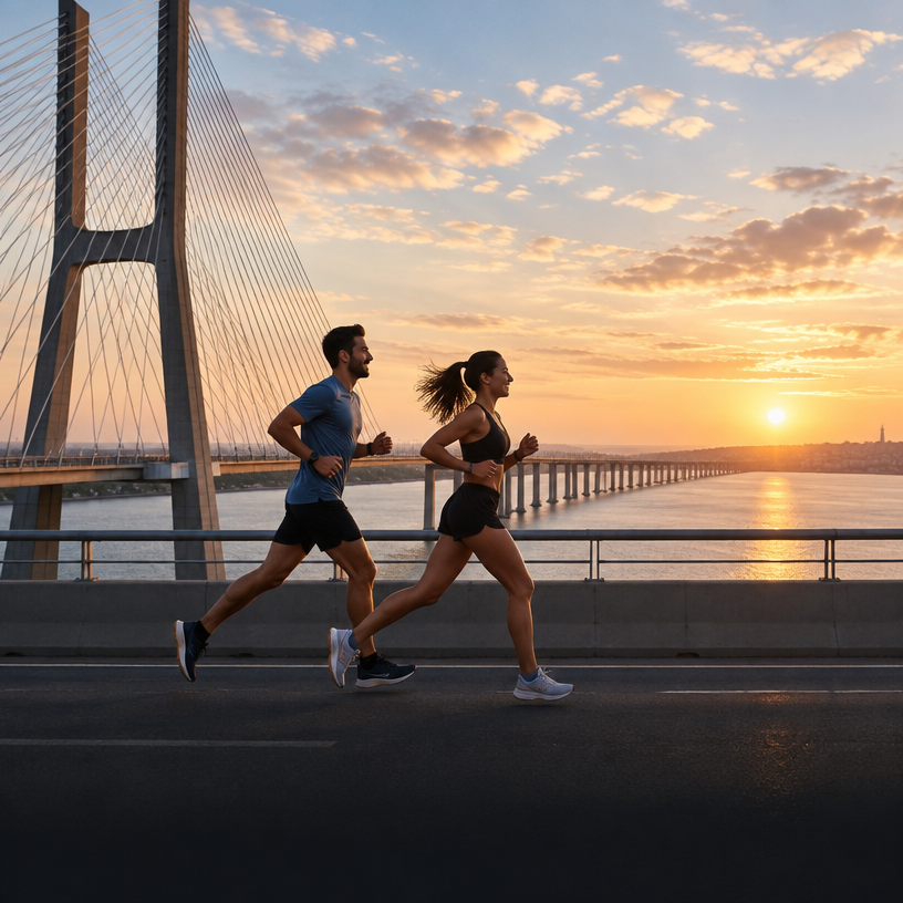 Road Running atmosphere in Lisbon, Portugal, representing EDP 8K Lisbon 2026 (Vasco da Gama Bridge run)