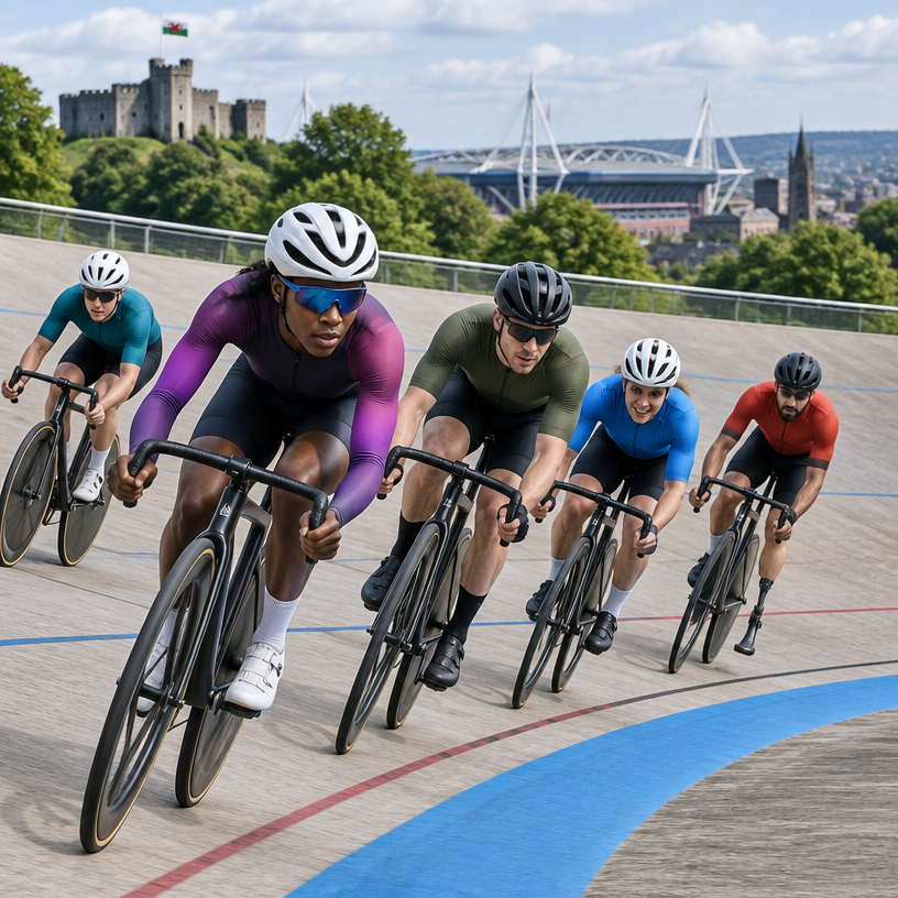 Track Cycling atmosphere in Cardiff (Maindy Velodrome, CF14 3AJ), United Kingdom, representing Cardiff EuroGames 2027 Track Cycling