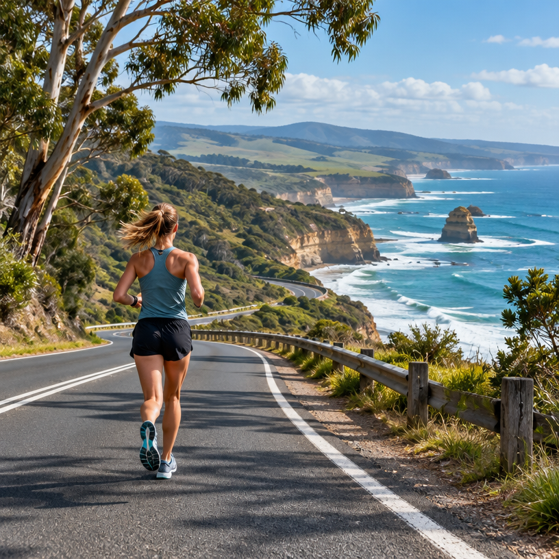 Road Running atmosphere in Apollo Bay, Australia, representing DENZA Great Ocean Road 14 km Paradise Run 2027