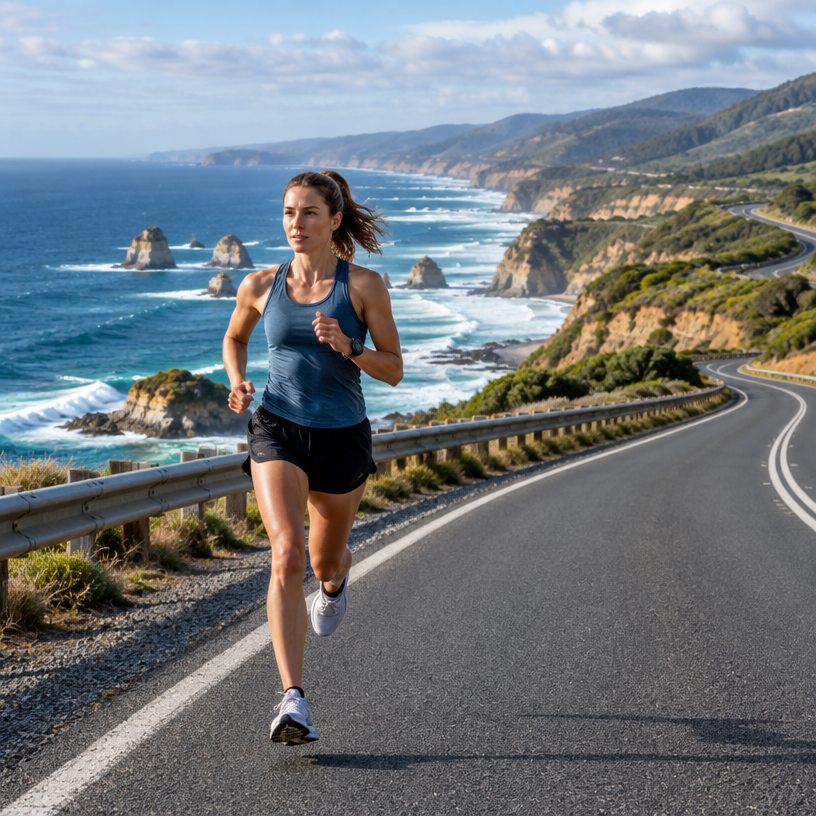 Road Running atmosphere in Lorne (start) / Apollo Bay (finish), Australia, representing Great Ocean Road Marathon 2027