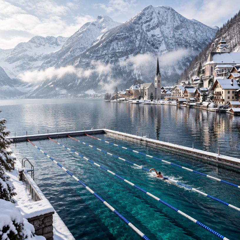 Ice Swimming atmosphere in Bad Goisern am Hallstättersee, Austria, representing Hallstättersee Eisschwimmen 2027 (Austrian Ice Swimming Championships)
