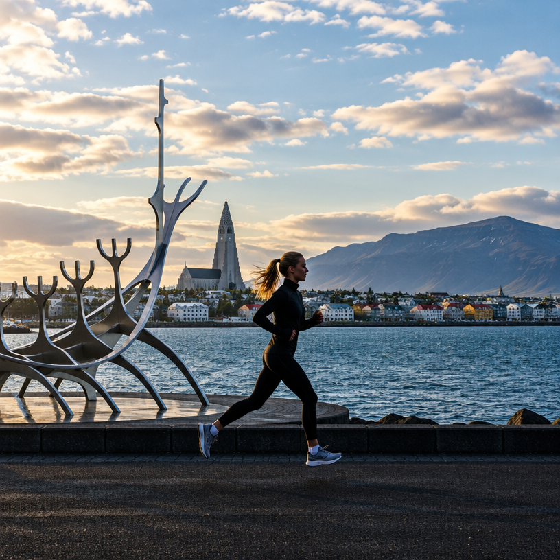 Road Running atmosphere in Reykjavík, Iceland, representing Íslandsbanki Reykjavík Marathon 10K 2027