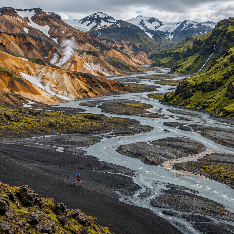 Ultra Running atmosphere in Landmannalaugar to Þórsmörk, Iceland, representing Laugavegur Ultra Marathon 2027