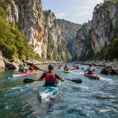 Kayak atmosphere in Vallon-Pont-d'Arc, France, representing Marathon International des Gorges de l'Ardèche 2026