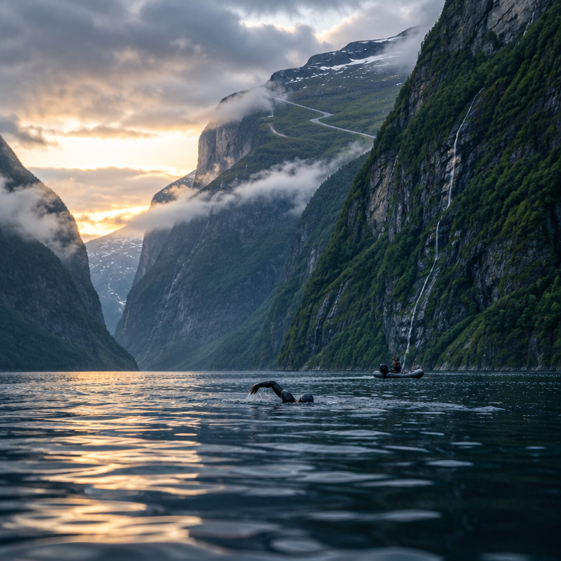 Triathlon atmosphere in Eidfjord (start), Norway, representing Norseman Xtreme Triathlon 2027