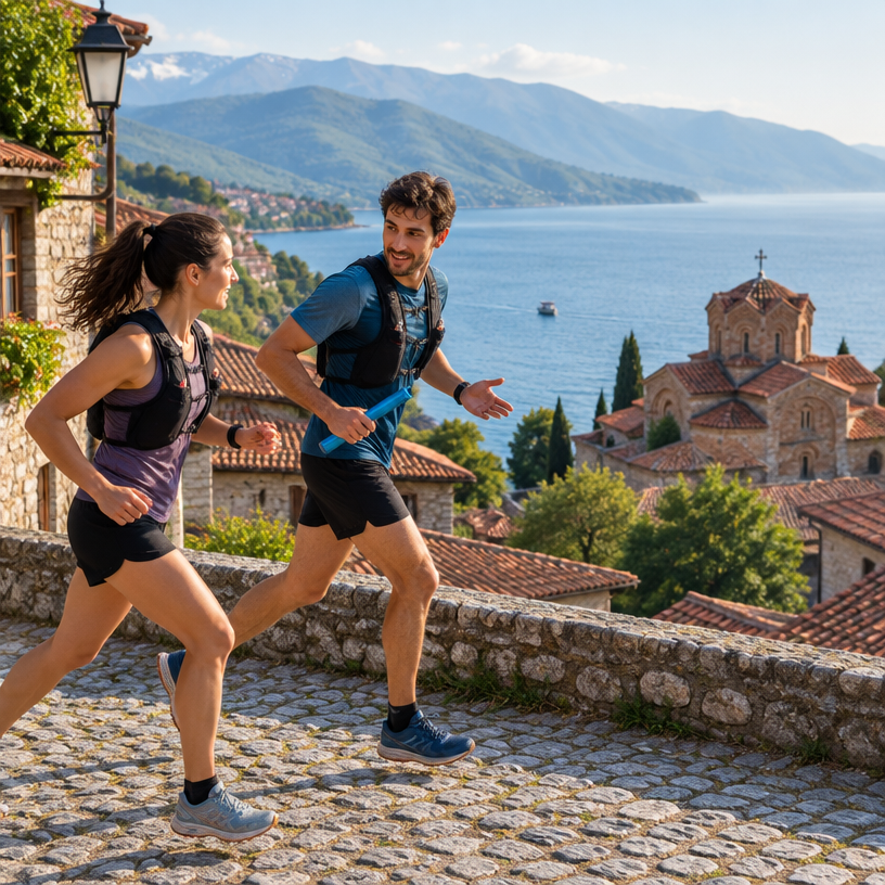 Relay atmosphere in Ohrid, North Macedonia, representing Ohrid trčaT 2027 Half-Marathon Relay (Pairs)