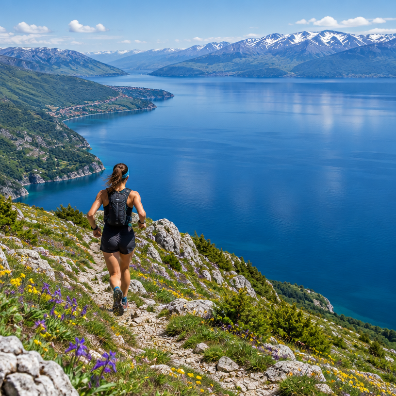 Trail Running atmosphere in Ohrid, North Macedonia, representing Ohrid Ultra-Trail 2027 (Letnica Trail 21K)