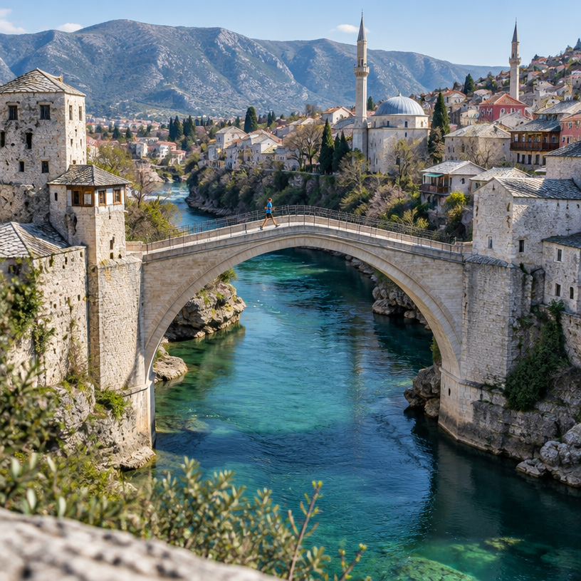 Road Running atmosphere in Mostar, Bosnia and Herzegovina, representing Rolla Mostar Run Half Marathon 2027