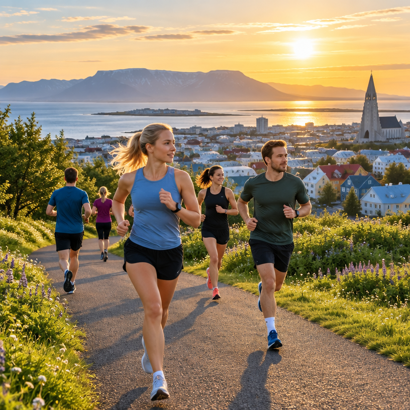 Road Running atmosphere in Reykjavík (Laugardalur), Iceland, representing Suzuki Midnight Sun Run 2027