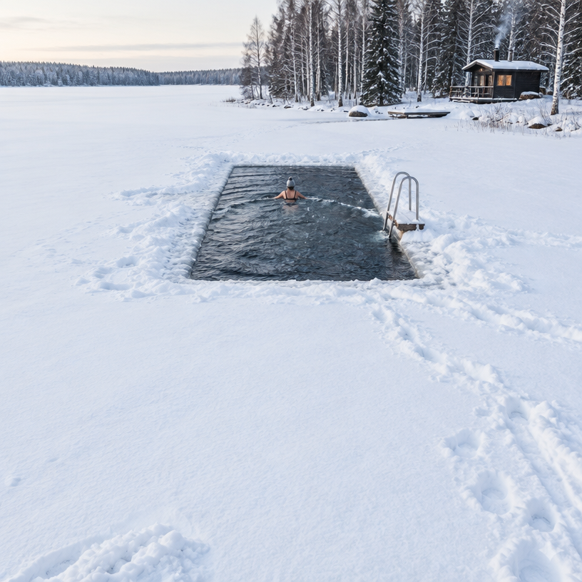 Ice Swimming atmosphere in Tammela (Eerikkilä), Finland, representing Talviuinnin SM 2027 (Finnish Winter Swimming Championships)