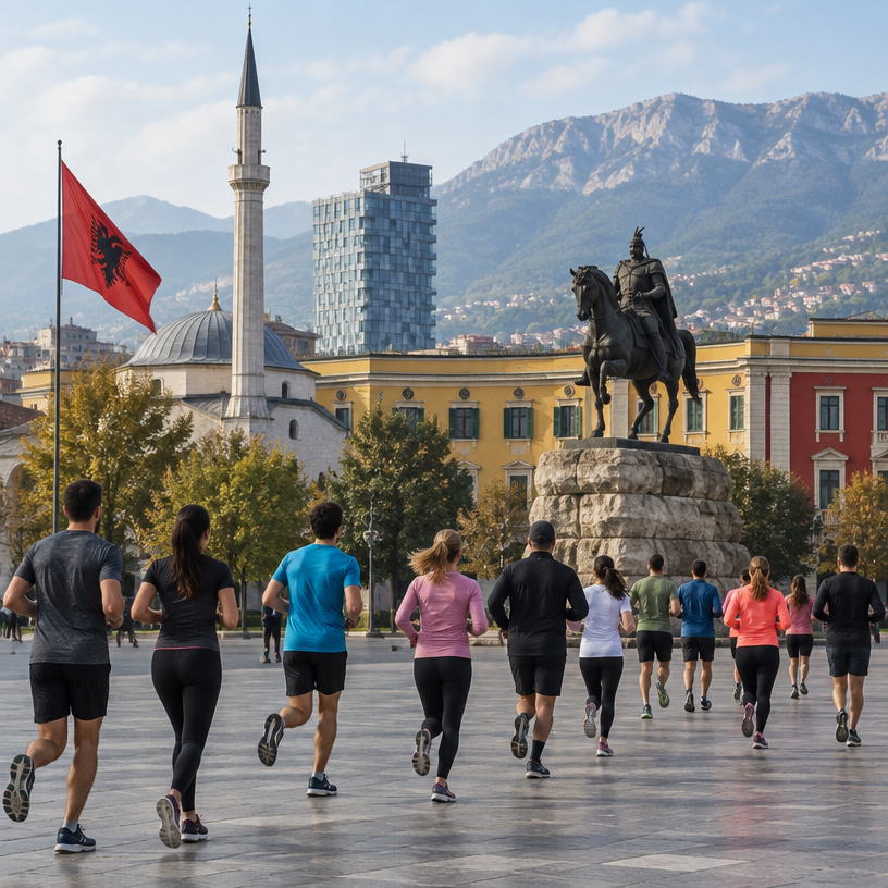 Road Running atmosphere in Tirana, Albania, representing Tirana Marathon 2026 (10K)