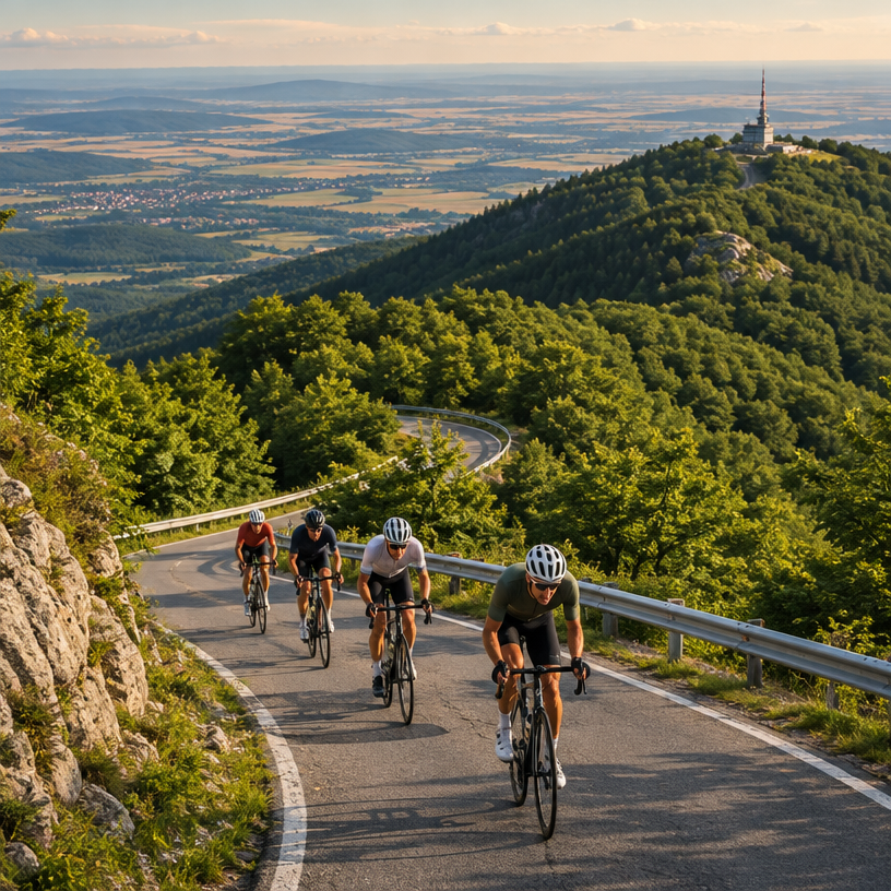 Road Cycling atmosphere in Gyöngyös / Kékestető, Hungary, representing Tour de Mátra 2027 (Medio Fondo 94 km)
