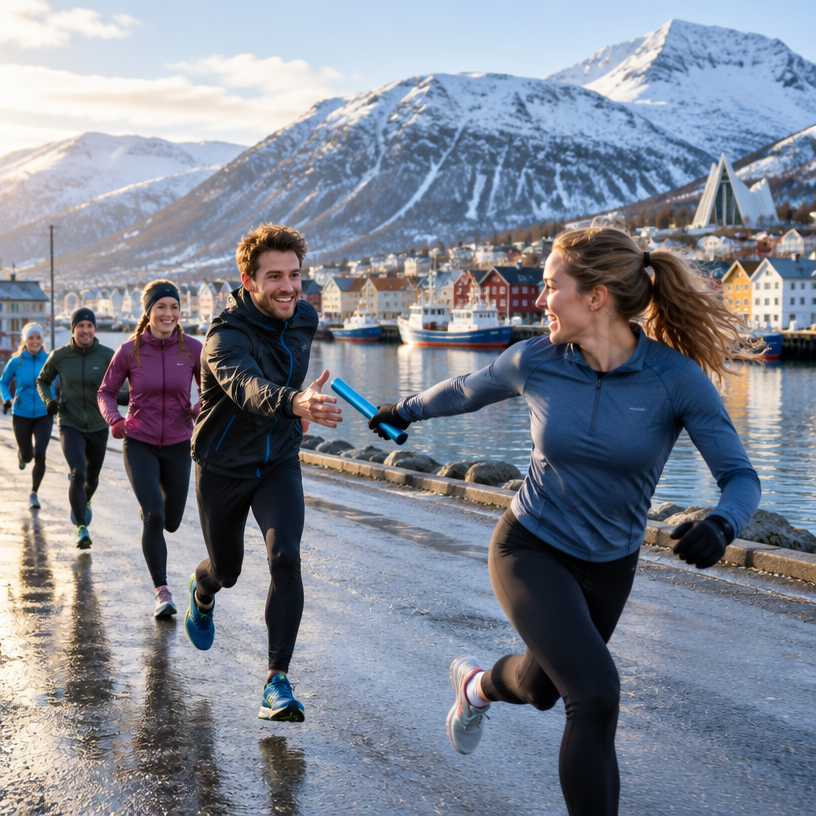 Relay atmosphere in Tromsø, Norway, representing Tromsø Relay 2027 (Tromsøstafetten)