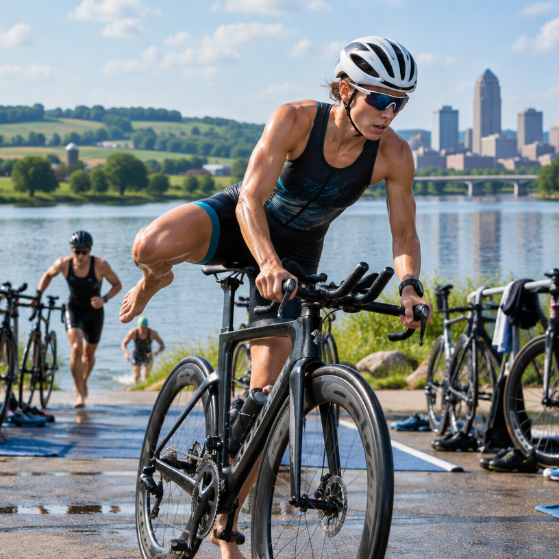 Triathlon atmosphere in Des Moines, United States, representing USA Triathlon Nationals Sprint Championship 2027 (Des Moines)