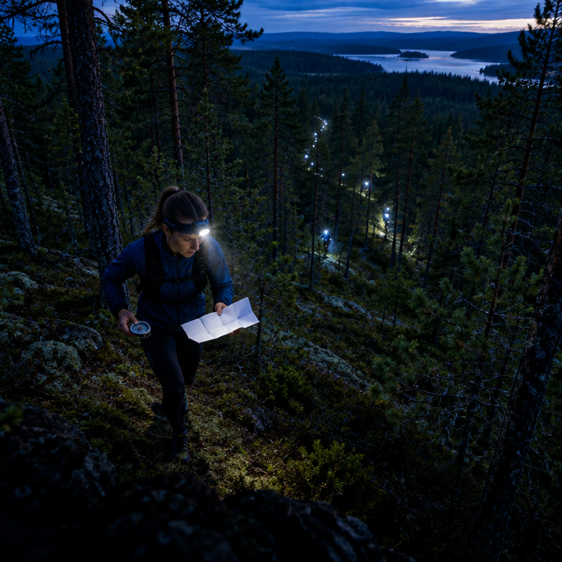 Orienteering atmosphere in Sotkamo (Vuokatti), Finland, representing Vuokatti-Jukola 2027 (Venla and Jukola orienteering relays)